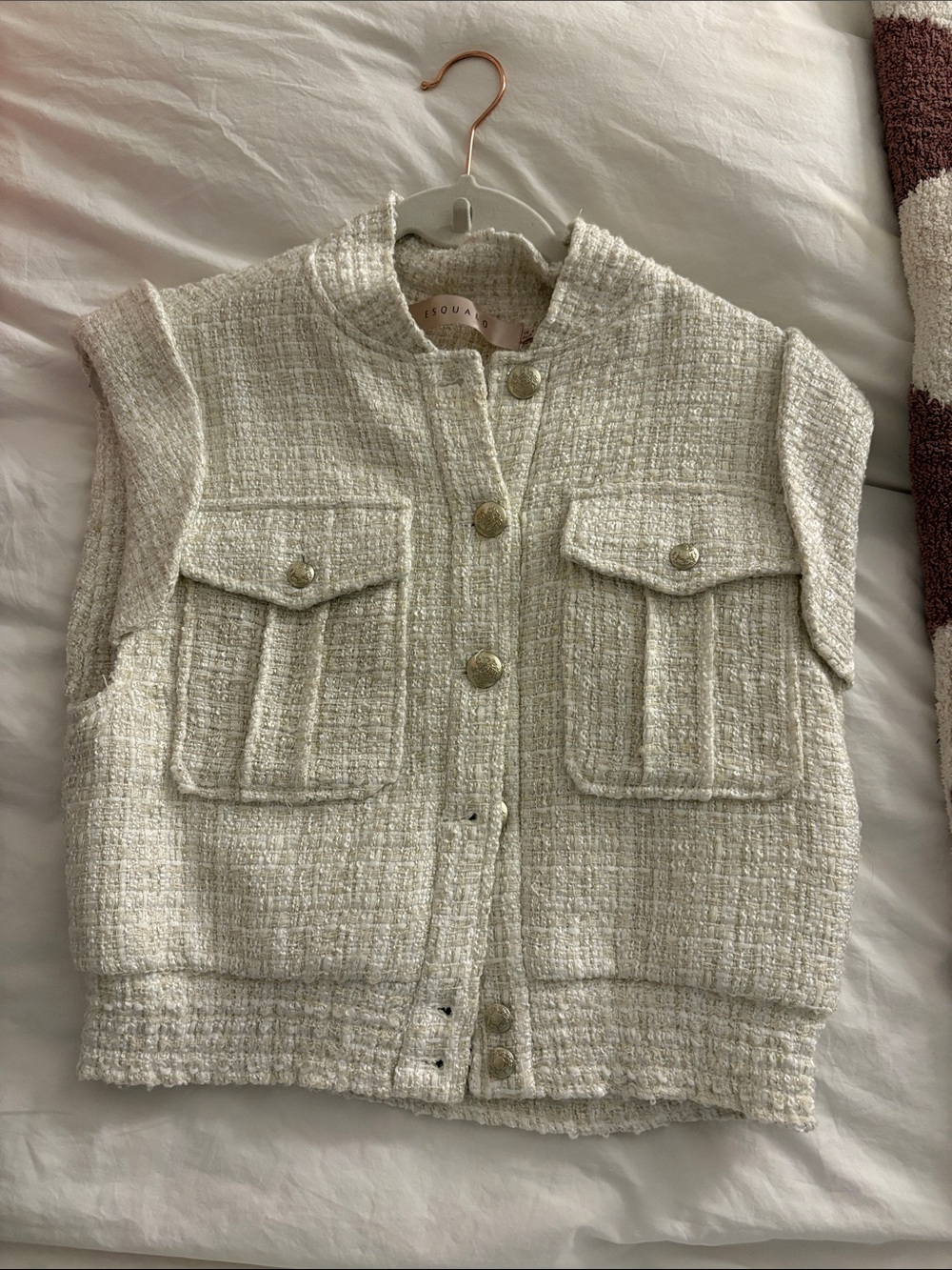ESQUALO Ivory Tweed Cropped Vest Jacket